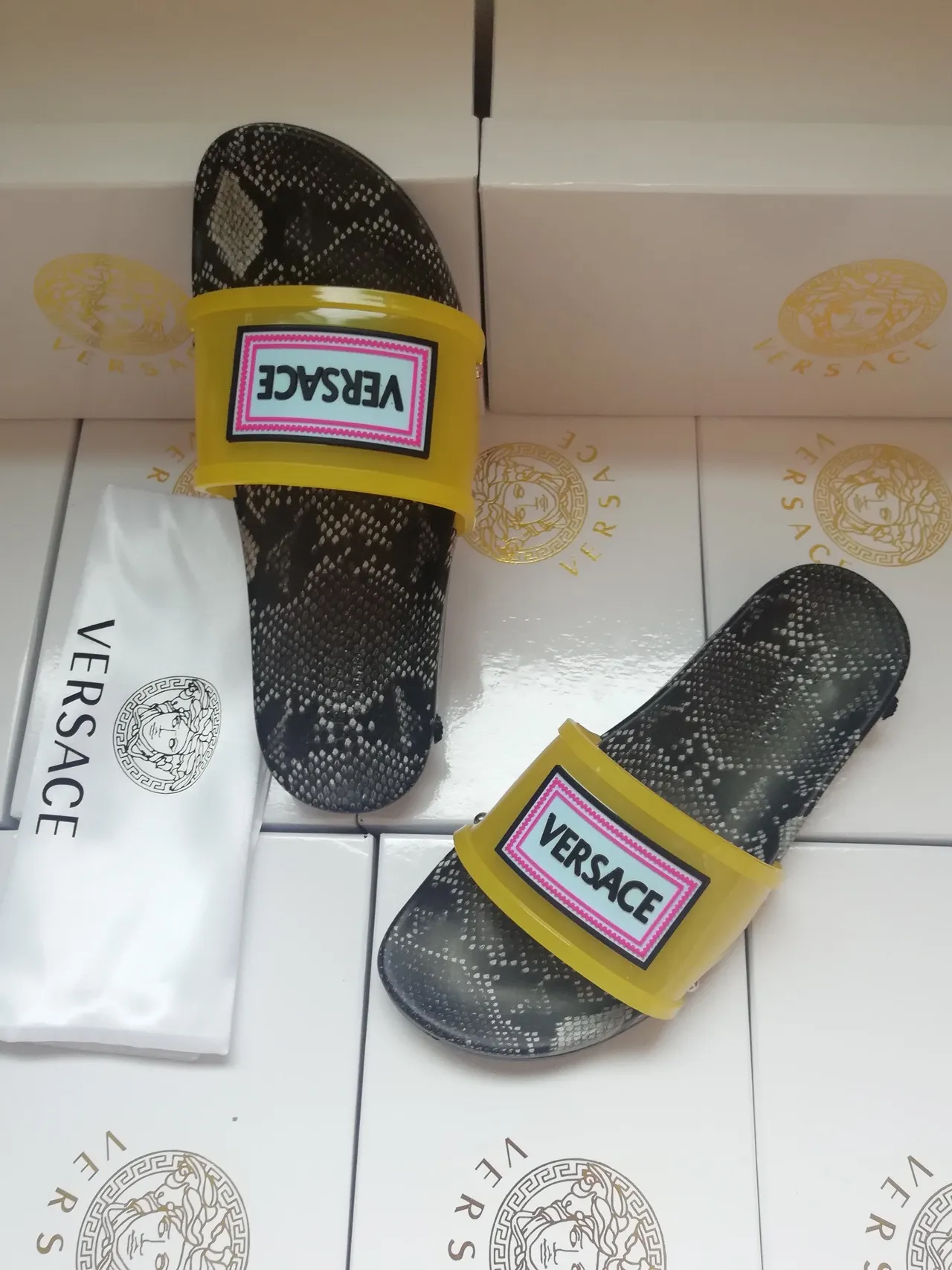 Versace Chain Reaction Snakeskin Yellow Strap Slippers 5