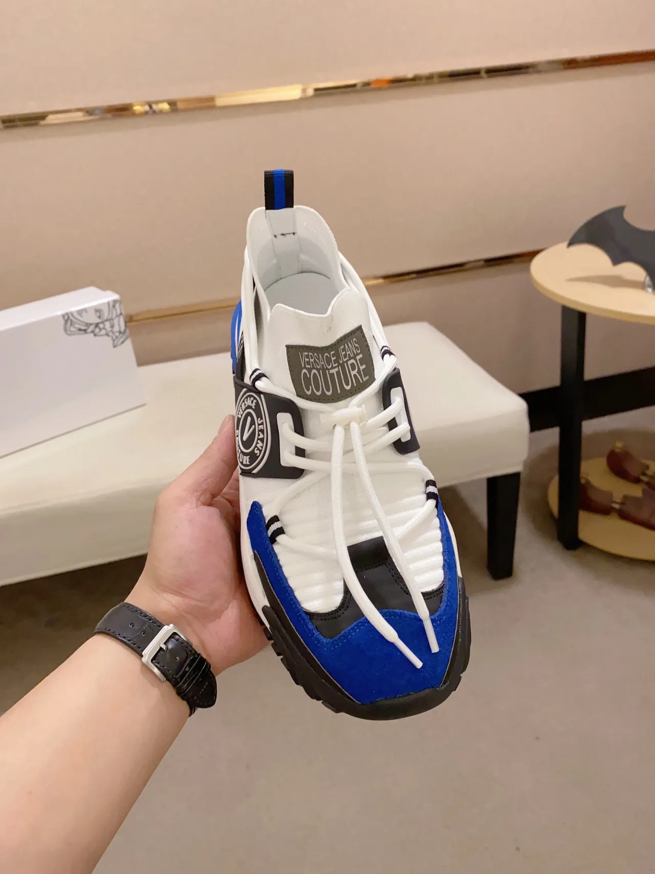 Versace Chain Reaction White Blue Black Chunky Sneakers 9