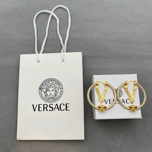 Versace Gold Silver Pavé-Crystal Hoop Earrings 4