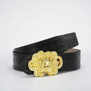 Versace Medusa काला सोना एम्बॉस्ड Greca की पैटर्न तीन आयामी हेड बकल लेदर बेल्ट