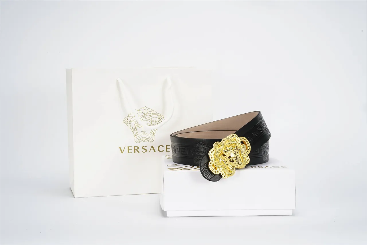 Versace Medusa Belt Black Gold Embossed Greca Key Pattern Three-Dimensional Head Buckle Leather Belt 4