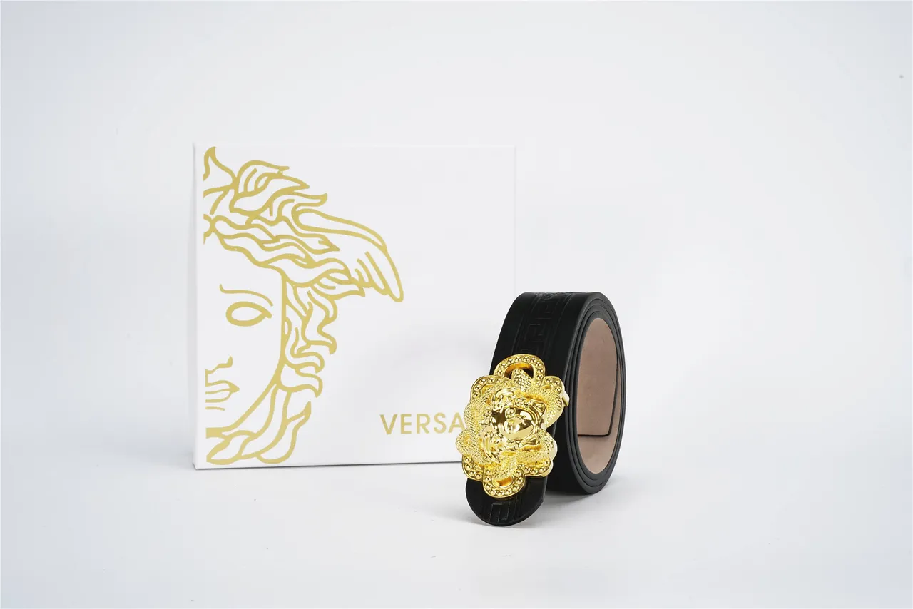 Versace Medusa Belt Black Gold Embossed Greca Key Pattern Three-Dimensional Head Buckle Leather Belt 5