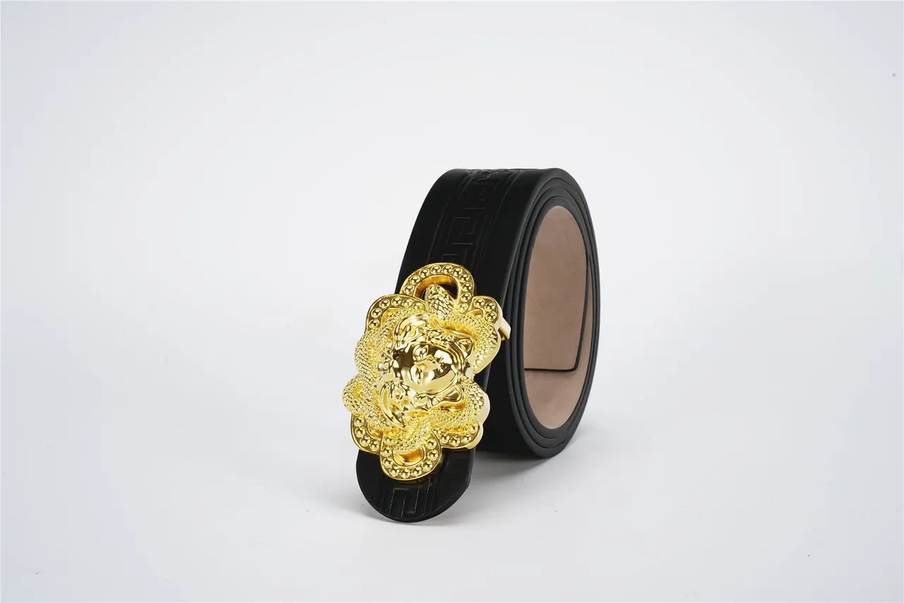 Versace Medusa Belt Black Gold Embossed Greca Key Pattern Three-Dimensional Head Buckle Leather Belt 6