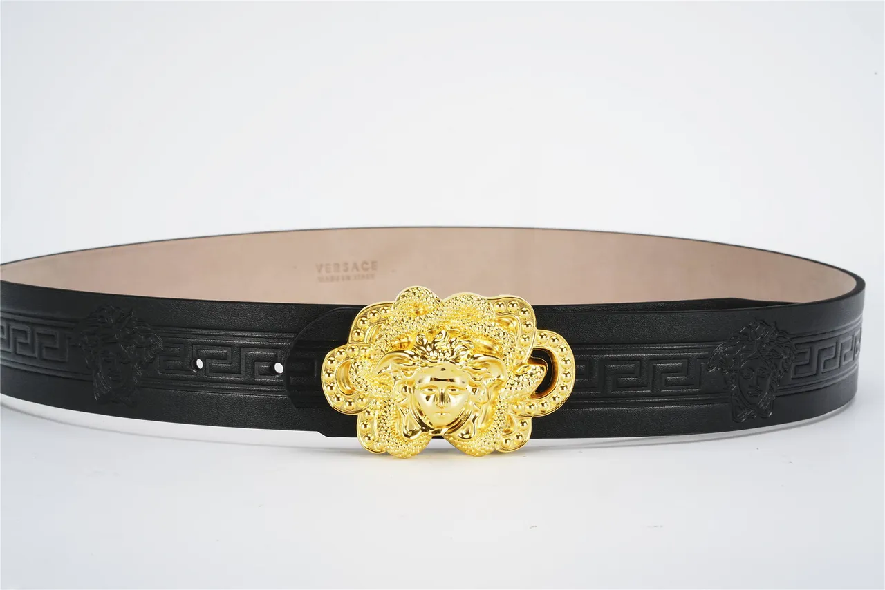 Versace Medusa Belt Black Gold Embossed Greca Key Pattern Three-Dimensional Head Buckle Leather Belt 8