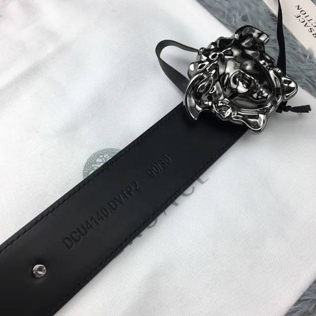 Versace Medusa Belt Black Silver Polished Head Buckle Greca-Pattern Embossed Leather Belt 2