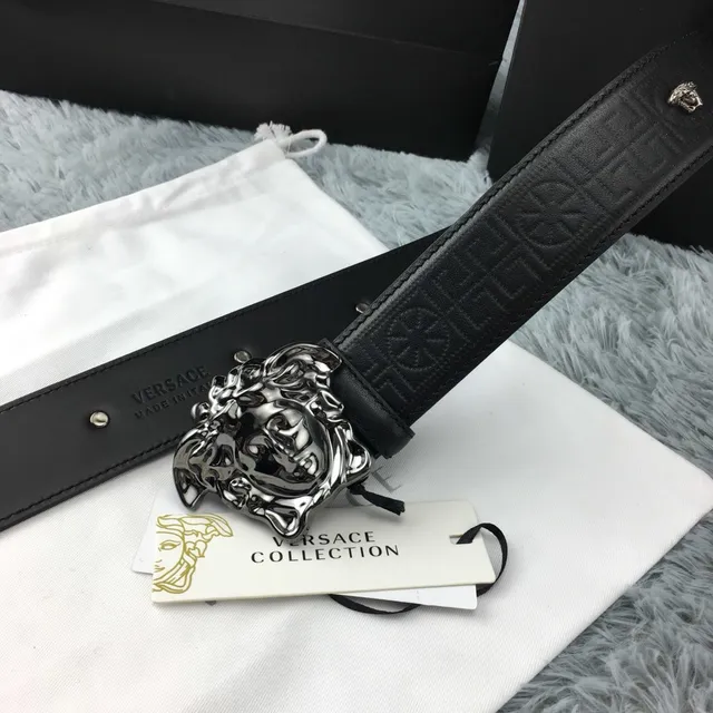 Versace Medusa Belt Black Silver Polished Head Buckle Greca-Pattern Embossed Leather Belt 3
