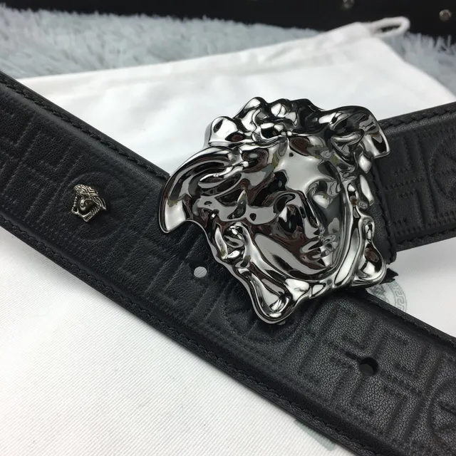 Versace Medusa Belt Black Silver Polished Head Buckle Greca-Pattern Embossed Leather Belt 4