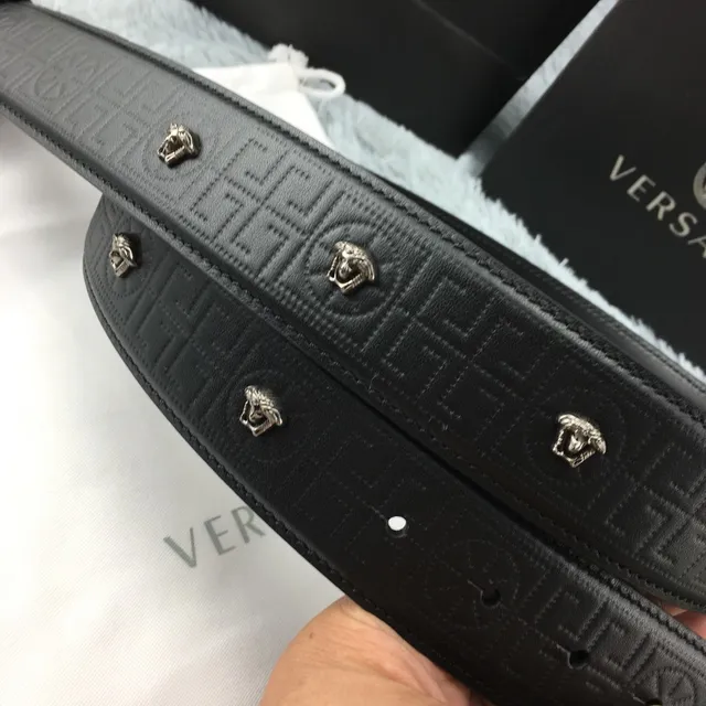 Versace Medusa Belt Black Silver Polished Head Buckle Greca-Pattern Embossed Leather Belt 5