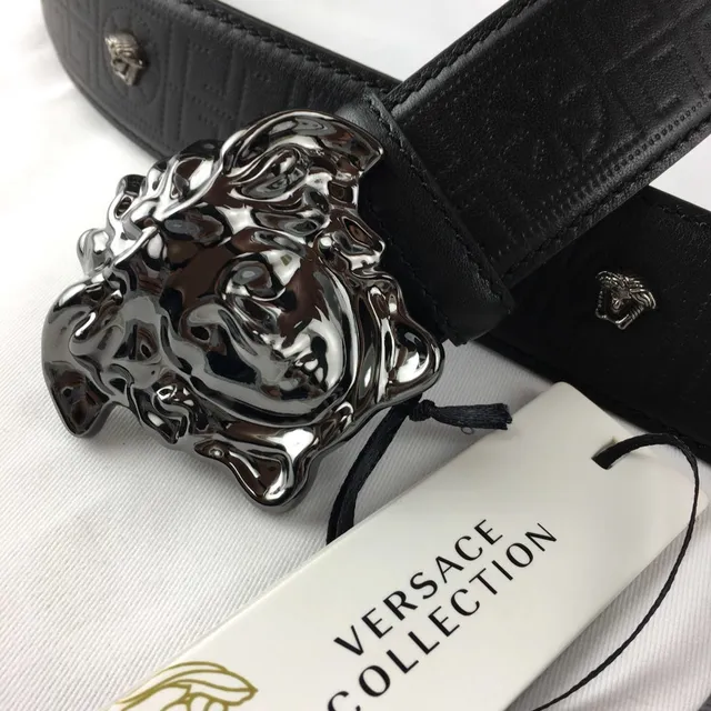 Versace Medusa Belt Black Silver Polished Head Buckle Greca-Pattern Embossed Leather Belt 6