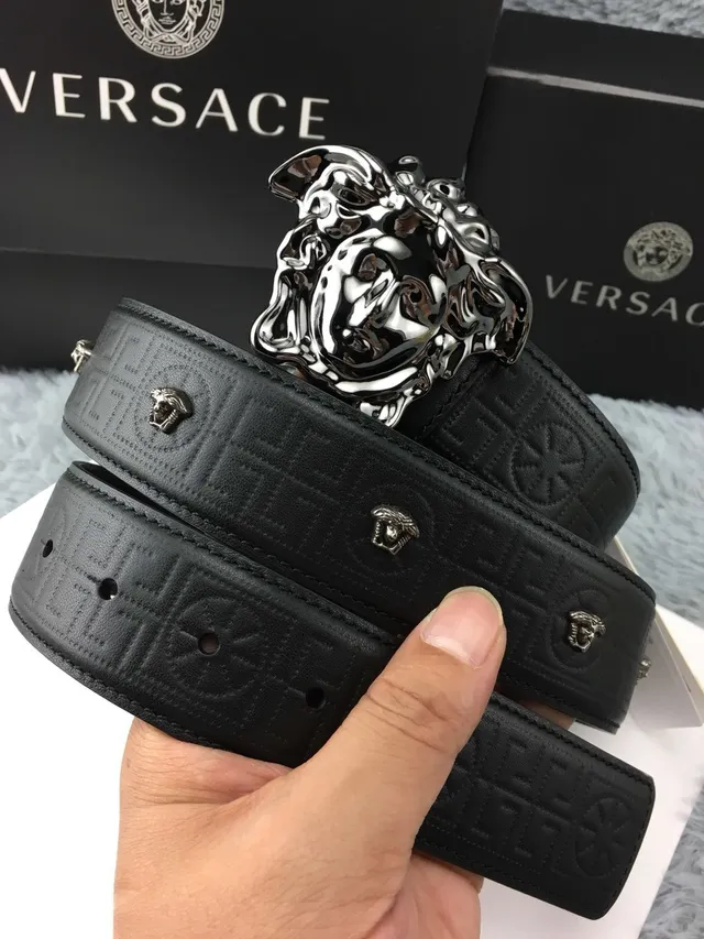 Versace Medusa Belt Black Silver Polished Head Buckle Greca-Pattern Embossed Leather Belt 7