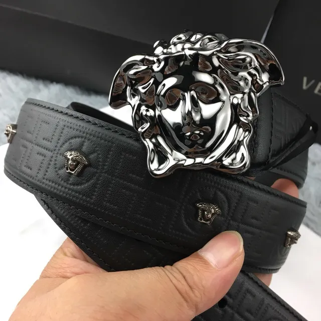 Versace Medusa Belt Black Silver Polished Head Buckle Greca-Pattern Embossed Leather Belt 8