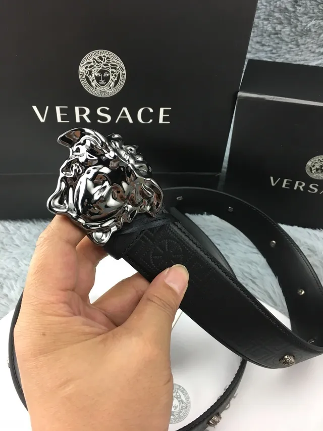 Versace Medusa Belt Black Silver Polished Head Buckle Greca-Pattern Embossed Leather Belt 9