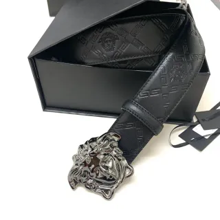 Versace Medusa Embossed Greca Black Leather Belt