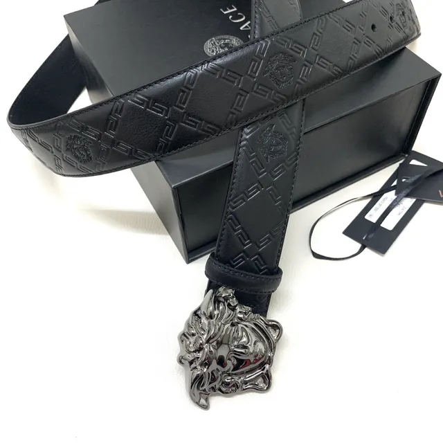 Versace Medusa Embossed Greca Black Leather Belt 7