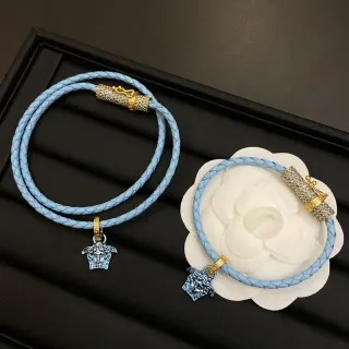 Versace Medusa Collar Azul Oro Trenzado Cuero Cordón Cabeza