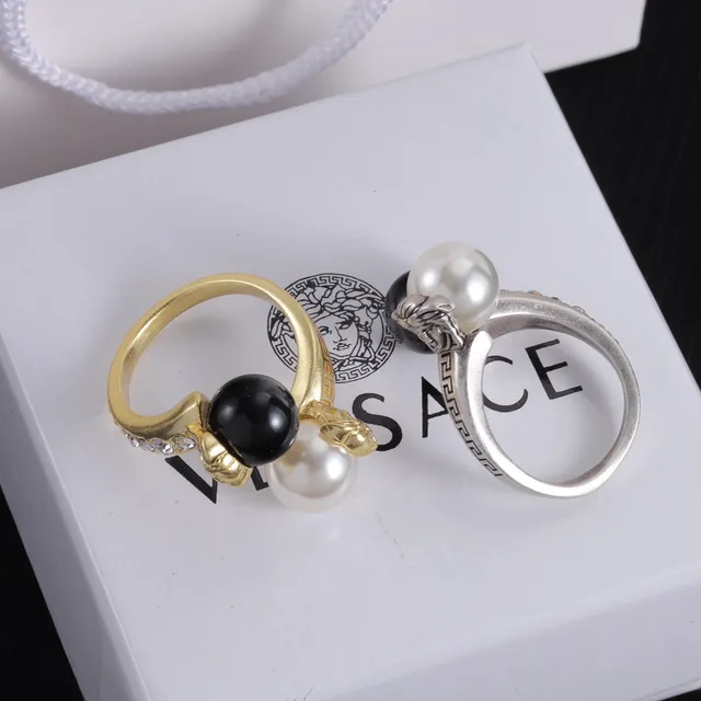 Versace Medusa Ring Oro y Plata Tono Perla y Onyx Rings 7