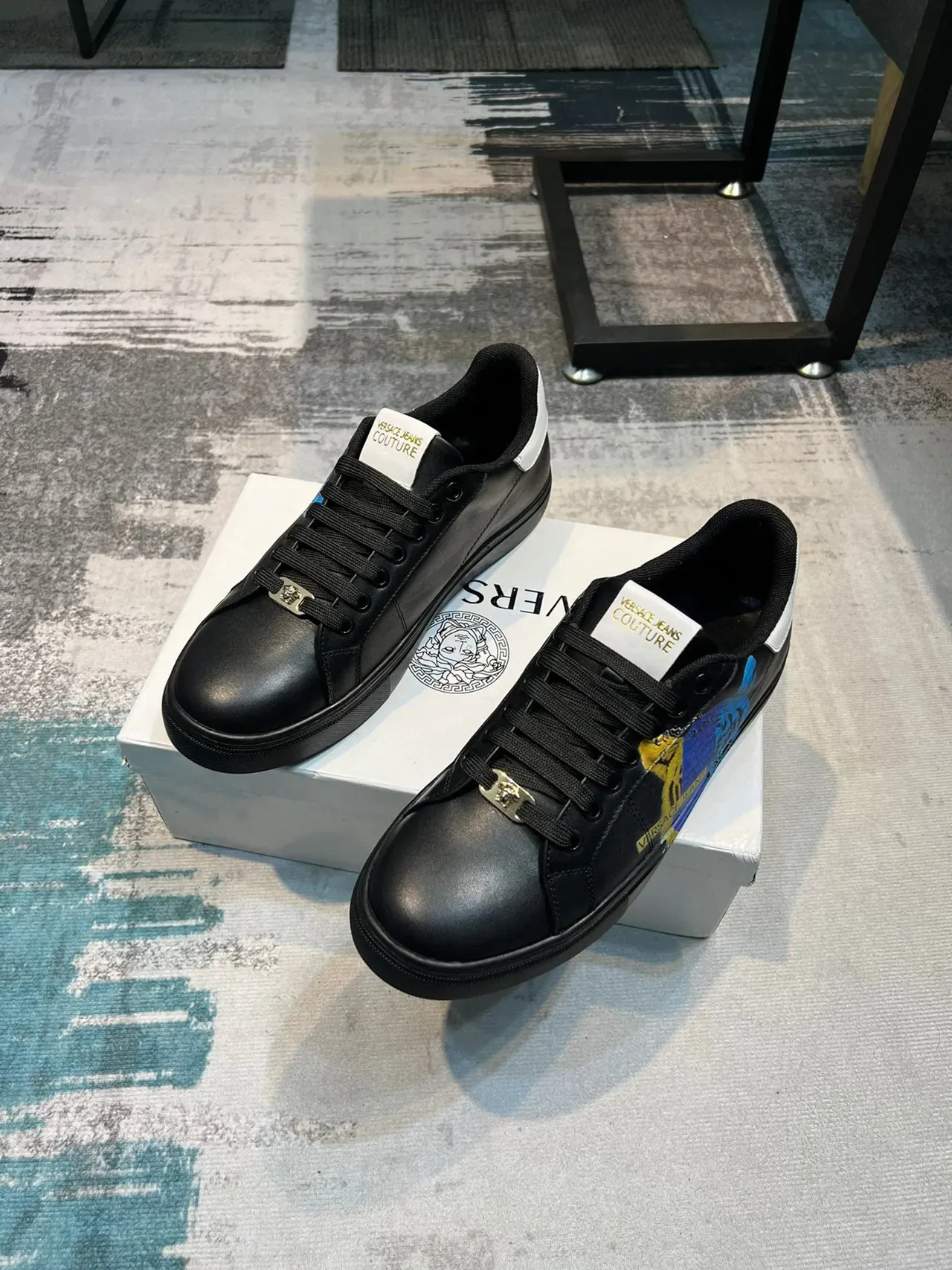 Versace Odissea Black Multicolor Leather Upper Graphic Tiger Side Panel Lifestyle Sneakers 6