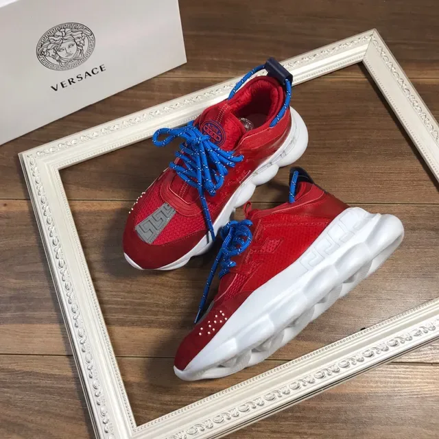 Versace Red Blue Sculpted Sole Suede And Mesh Upper Chunky Sneakers 2