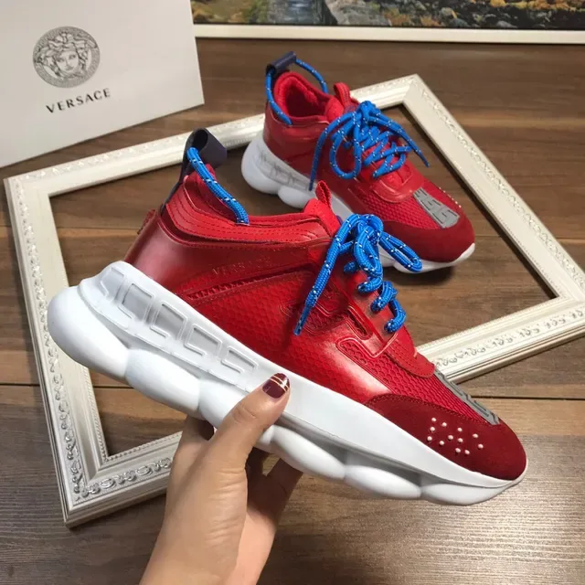 Versace Red Blue Sculpted Sole Suede And Mesh Upper Chunky Sneakers 5