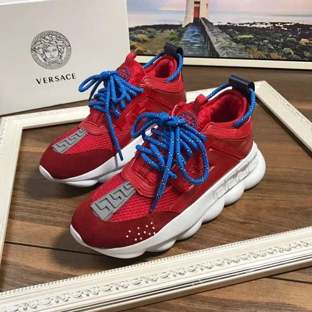 Versace Red Blue Sculpted Sole Suede And Mesh Upper Chunky Sneakers 8
