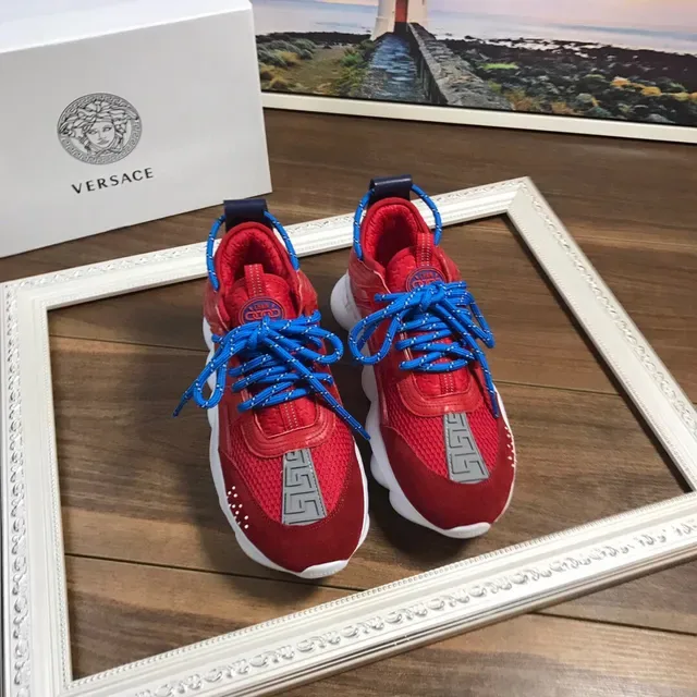 Versace Red Blue Sculpted Sole Suede And Mesh Upper Chunky Sneakers 9