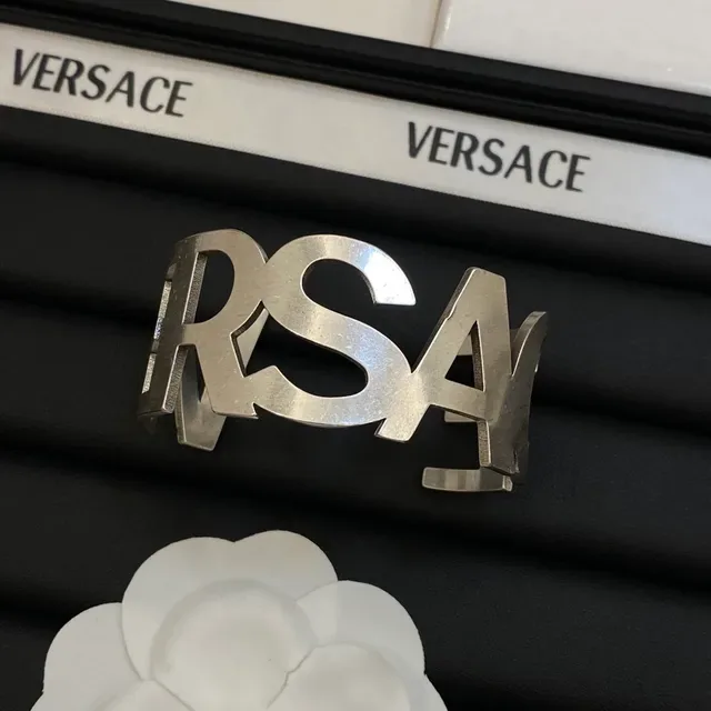 Versace RSA Cutout Lettering Gold and Silver Cuff Bracelets 6
