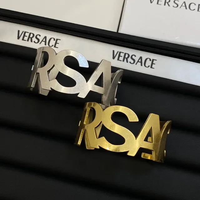 Versace RSA Cutout Lettering Gold and Silver Cuff Bracelets 7