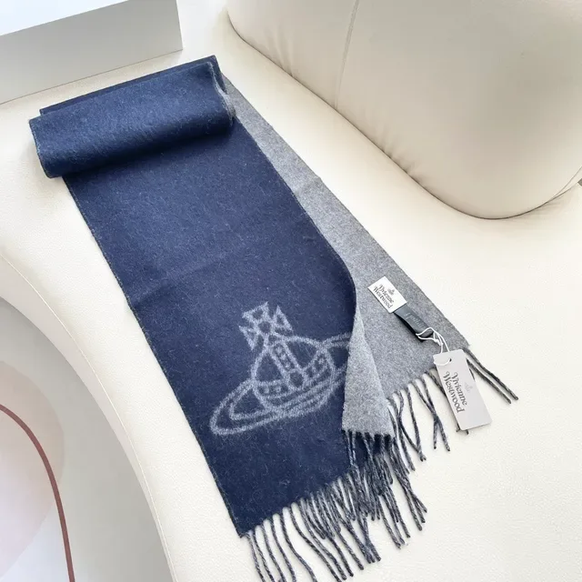 Vivienne Westwood Orb Navy and Gray Cashmere Scarf 5
