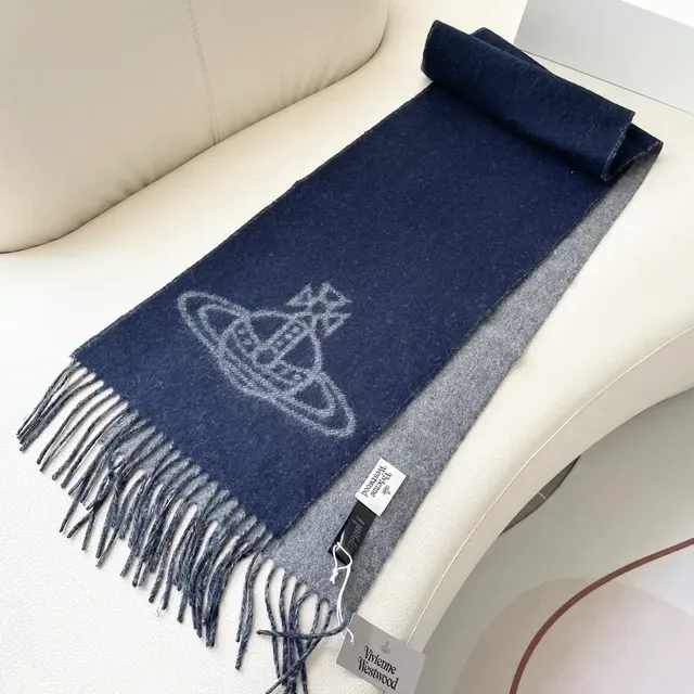 Vivienne Westwood Orb Navy and Gray Cashmere Scarf 6