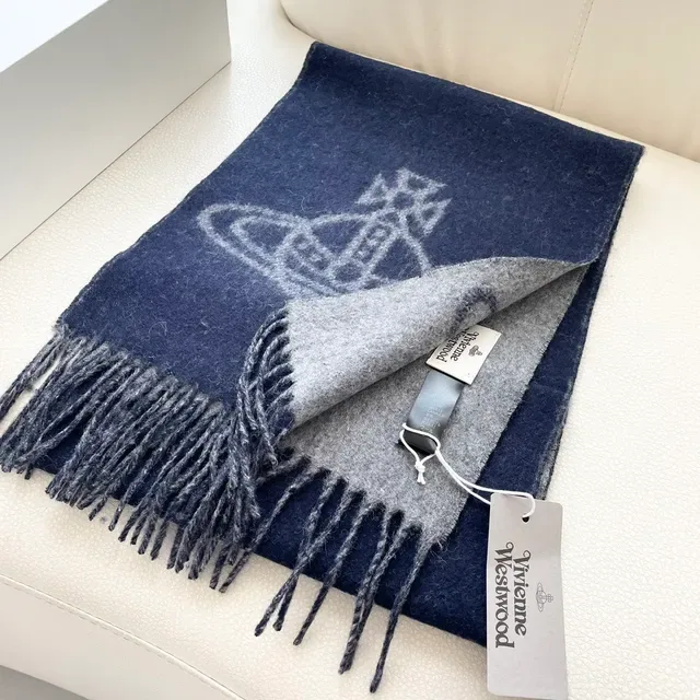 Vivienne Westwood Orb Navy and Gray Cashmere Scarf 7