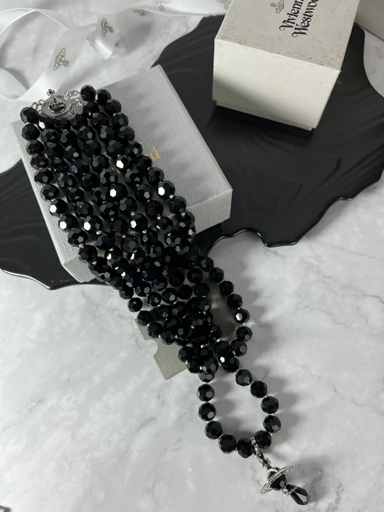 Vivienne Westwood Orb Necklace Black Faceted Beads Silver-Tone Hardware Necklaces 5