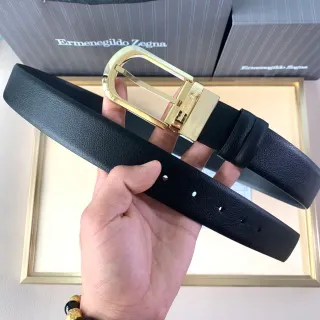 Ermenegildo Zegna 黑色金色光滑粒面抛光长方形扣头皮革皮带
