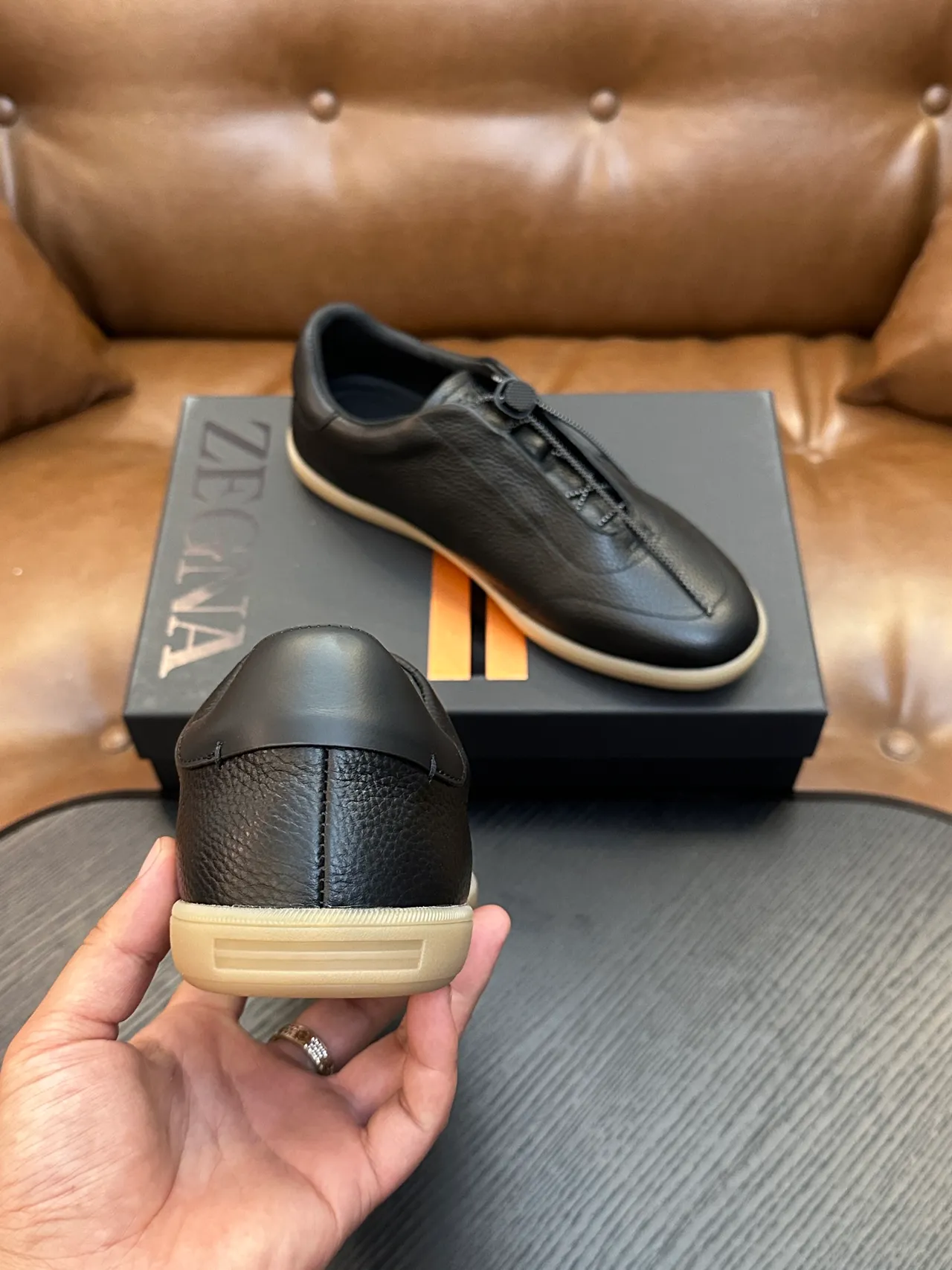 Zegna Chaussure Noire Cuir Pebbled Fermeture Éclair Mocassin 3