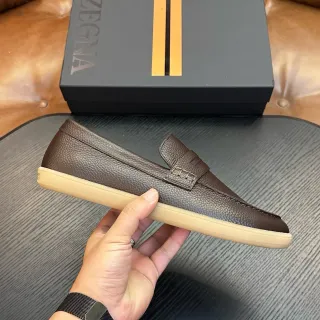 Zegna Brown Beige Pebbled Leather Penny Strap Loafer