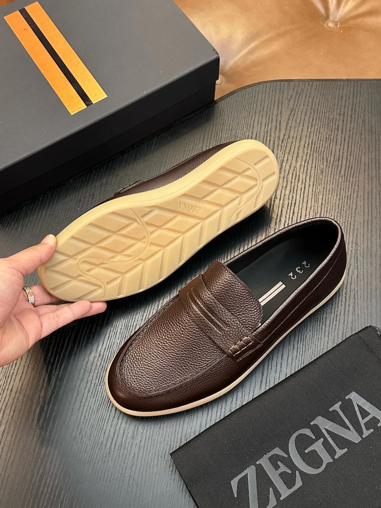 Zegna Brown Beige Pebbled Leather Penny Strap Loafer 2