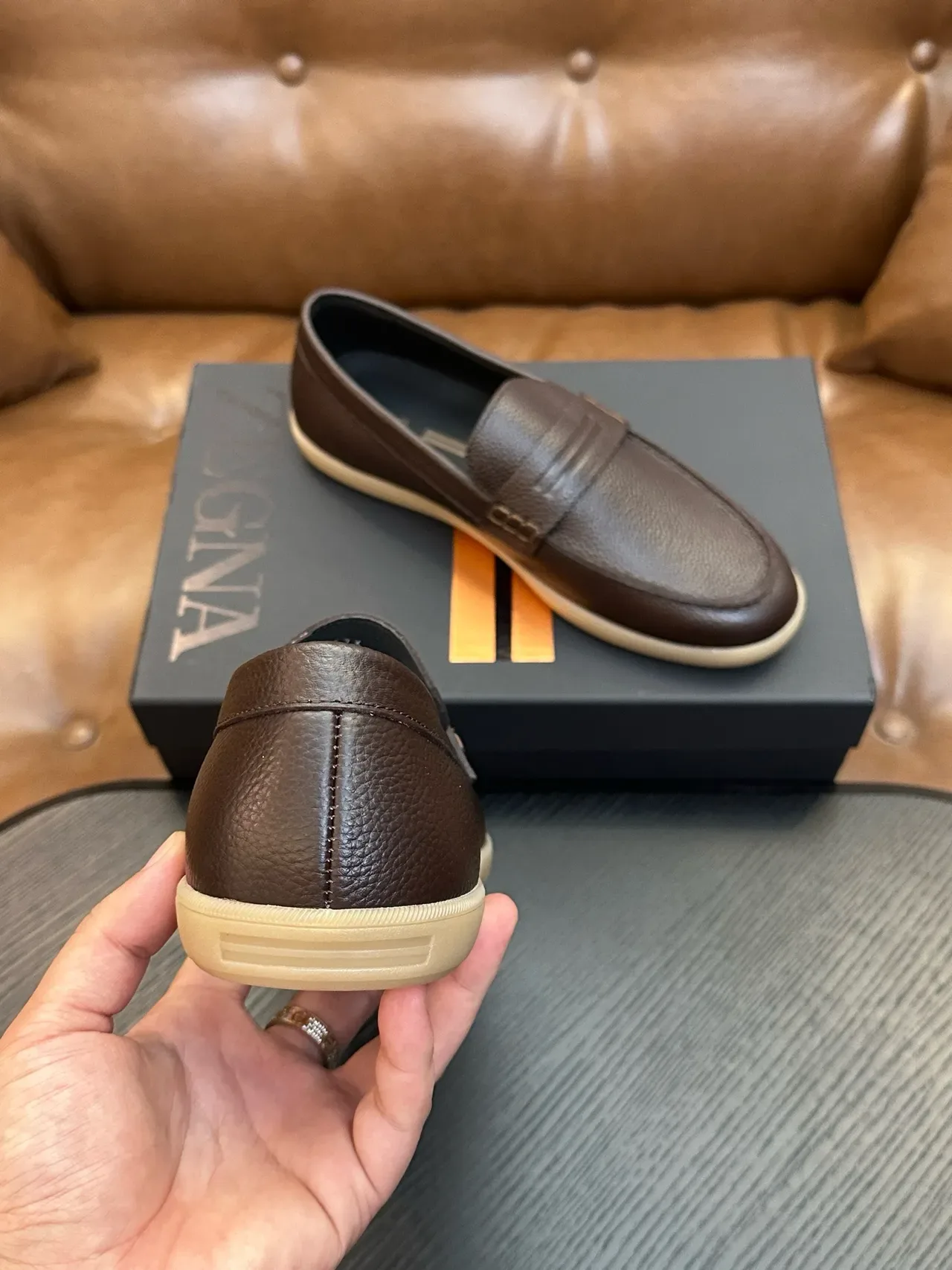 Zegna Brown Beige Pebbled Leather Penny Strap Loafer 3