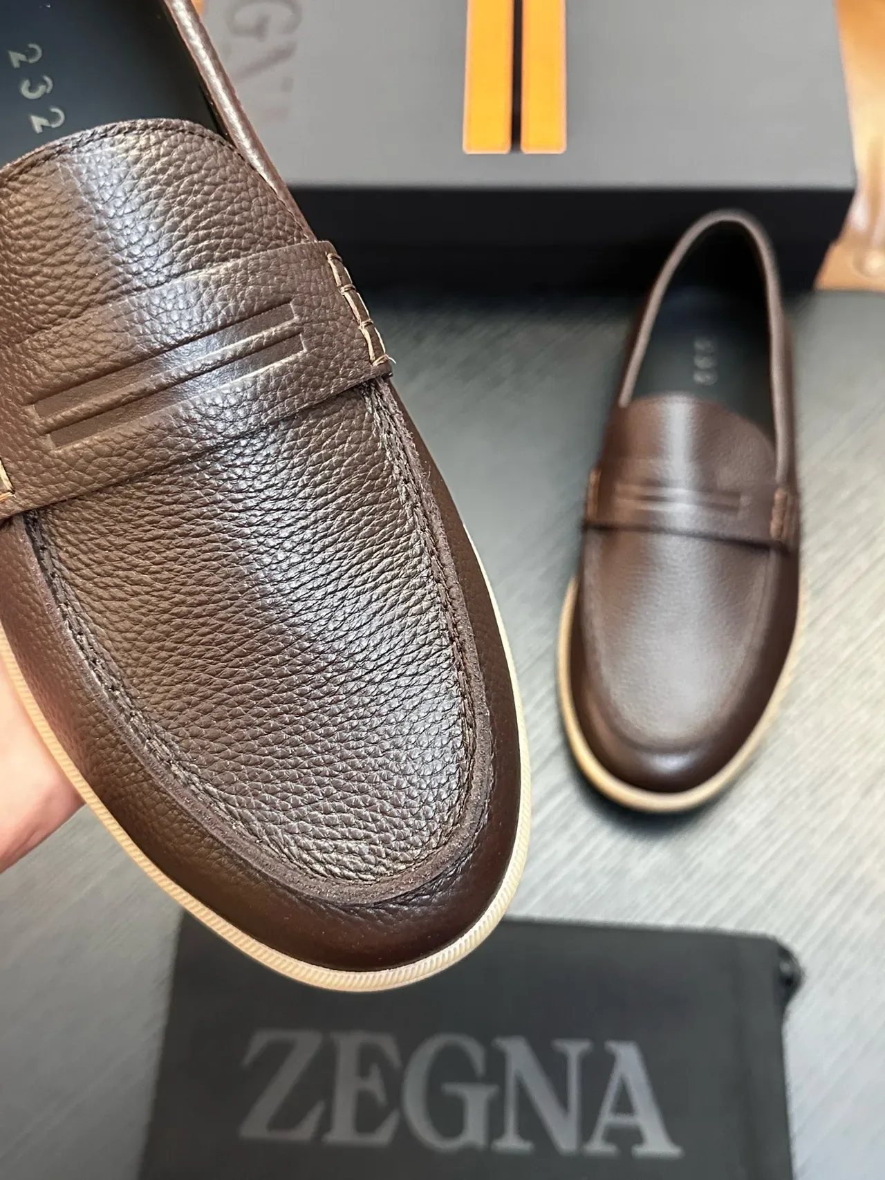 Zegna Brown Beige Pebbled Leather Penny Strap Loafer 4