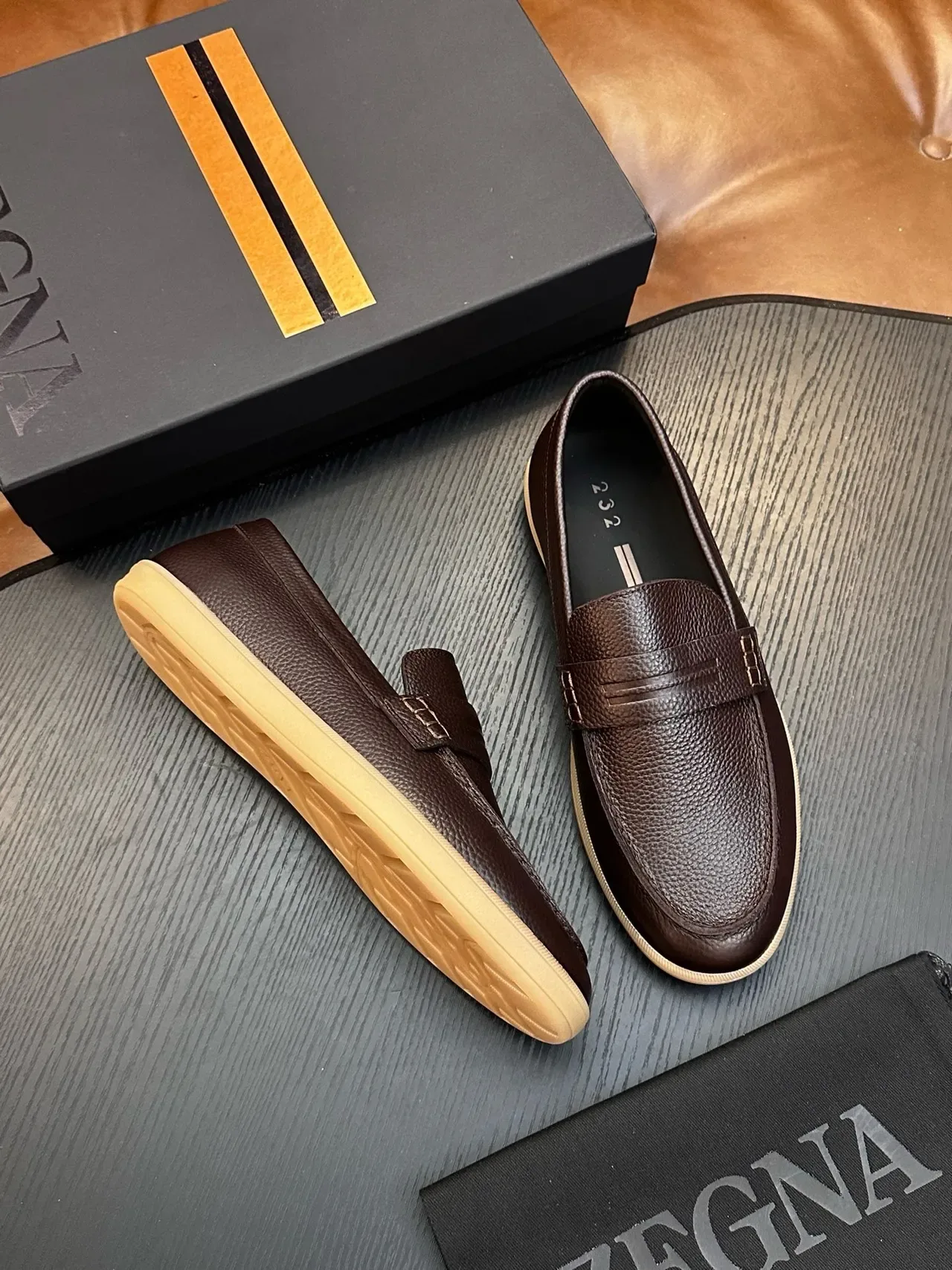 Zegna Brown Beige Pebbled Leather Penny Strap Loafer 5