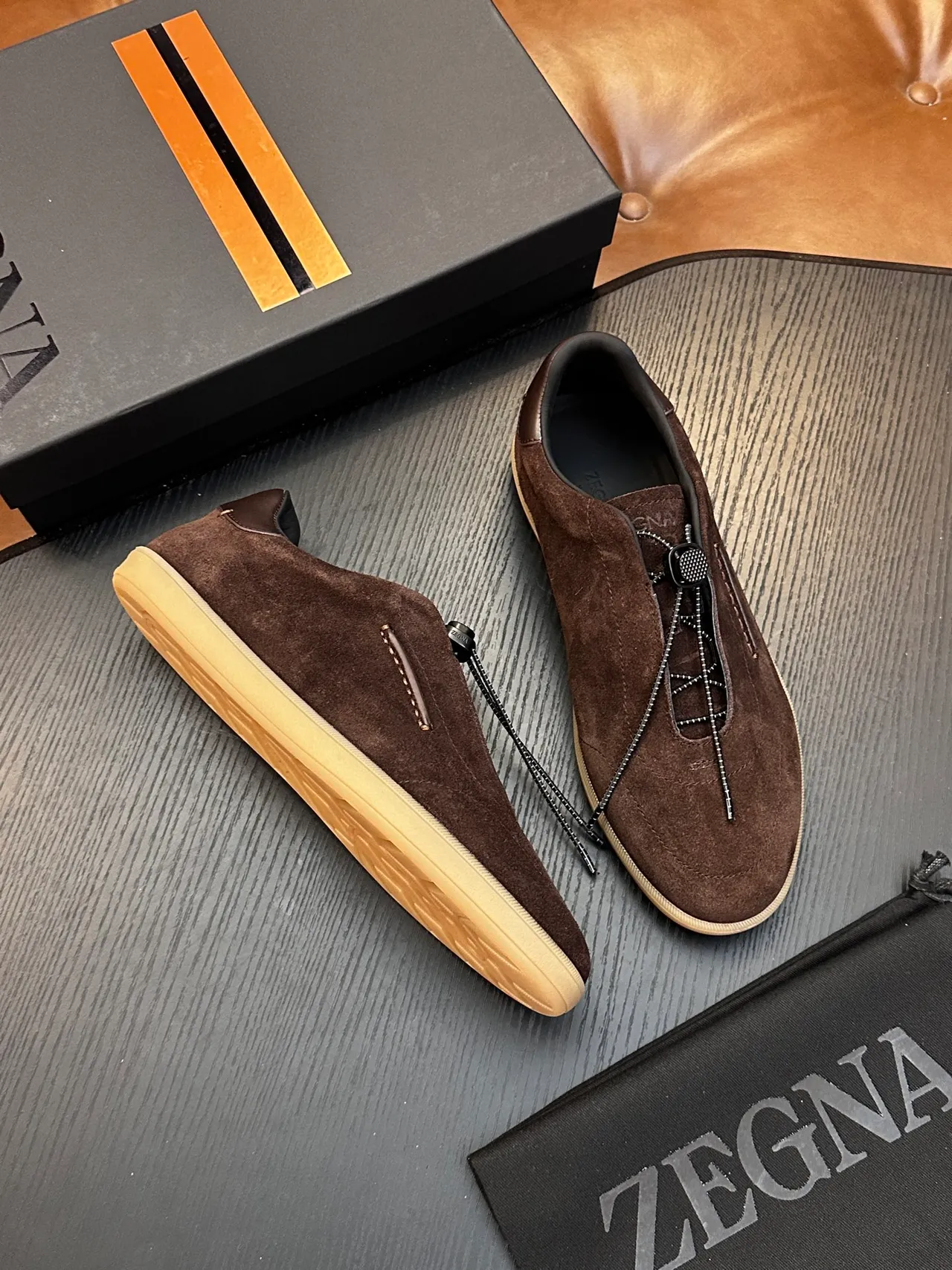 Zegna Marron Beige Daim Dessus Côté Fermeture Éclair Fermeture Mocassins 5