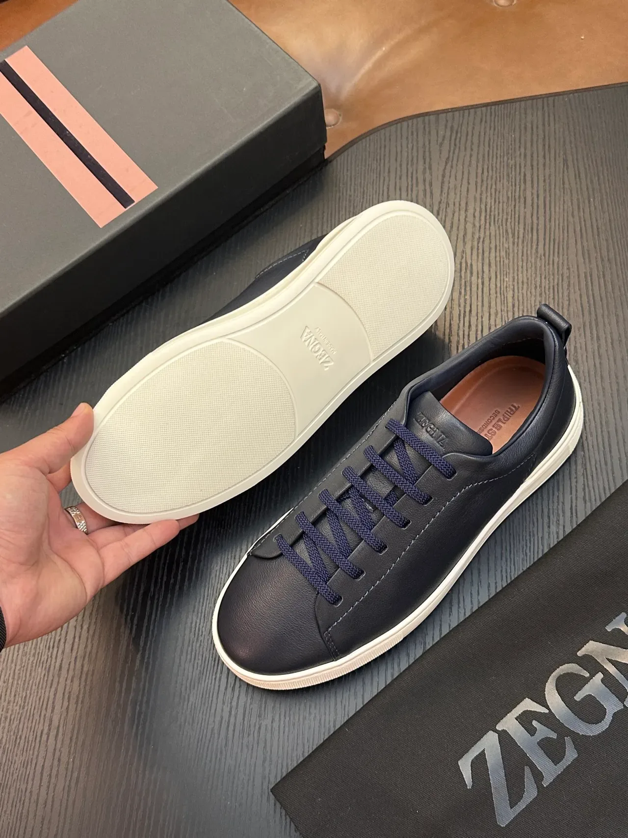 Zegna Gray Beige Leather Upper Contrast Sole Lifestyle Sneakers 2
