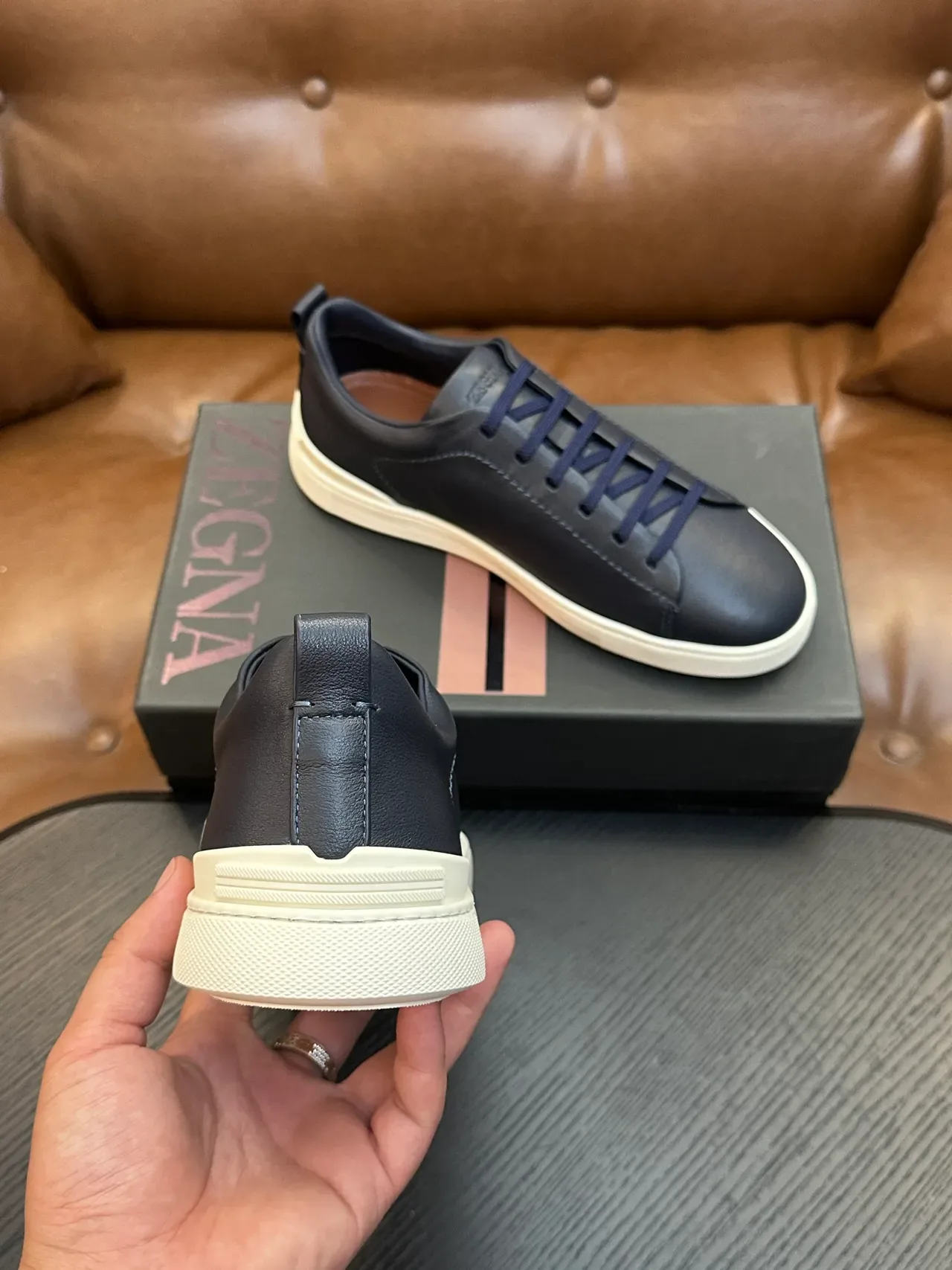 Zegna Gray Beige Leather Upper Contrast Sole Lifestyle Sneakers 3