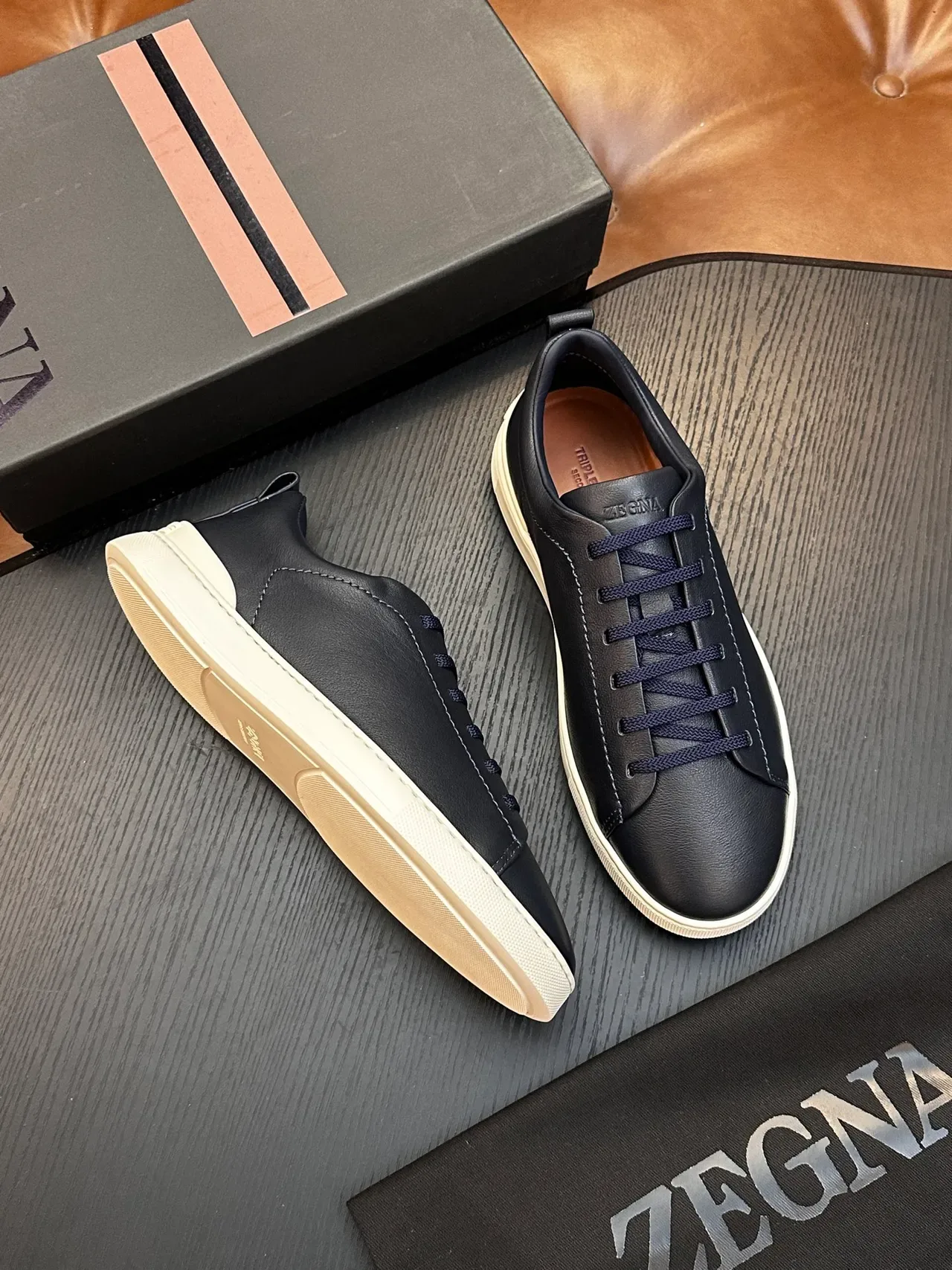 Zegna Gray Beige Leather Upper Contrast Sole Lifestyle Sneakers 5