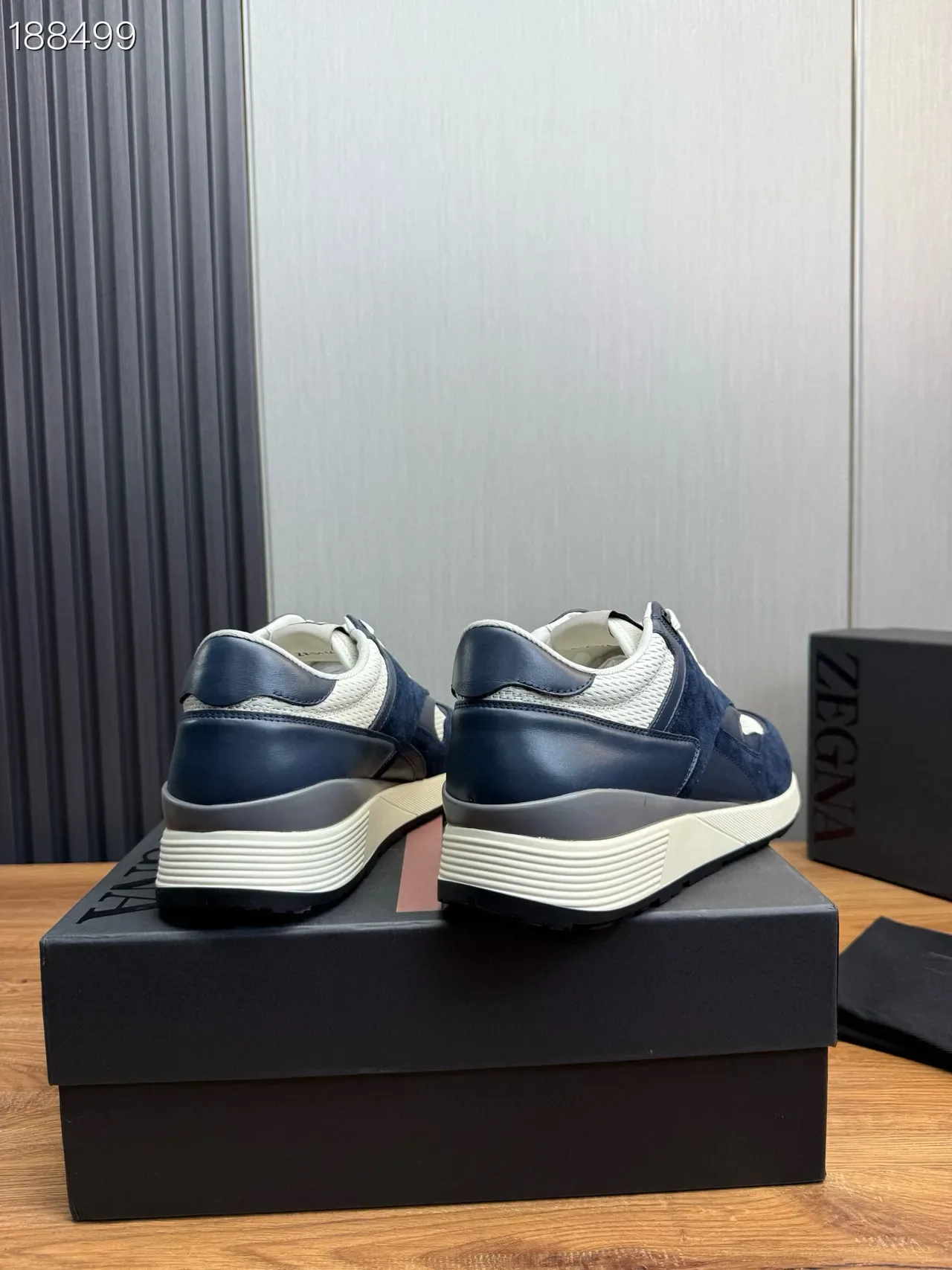 Zegna Bleu Marine Blanc Bicolore Daim Et Maille Supérieure Hybride Chaussures Lifestyle 2