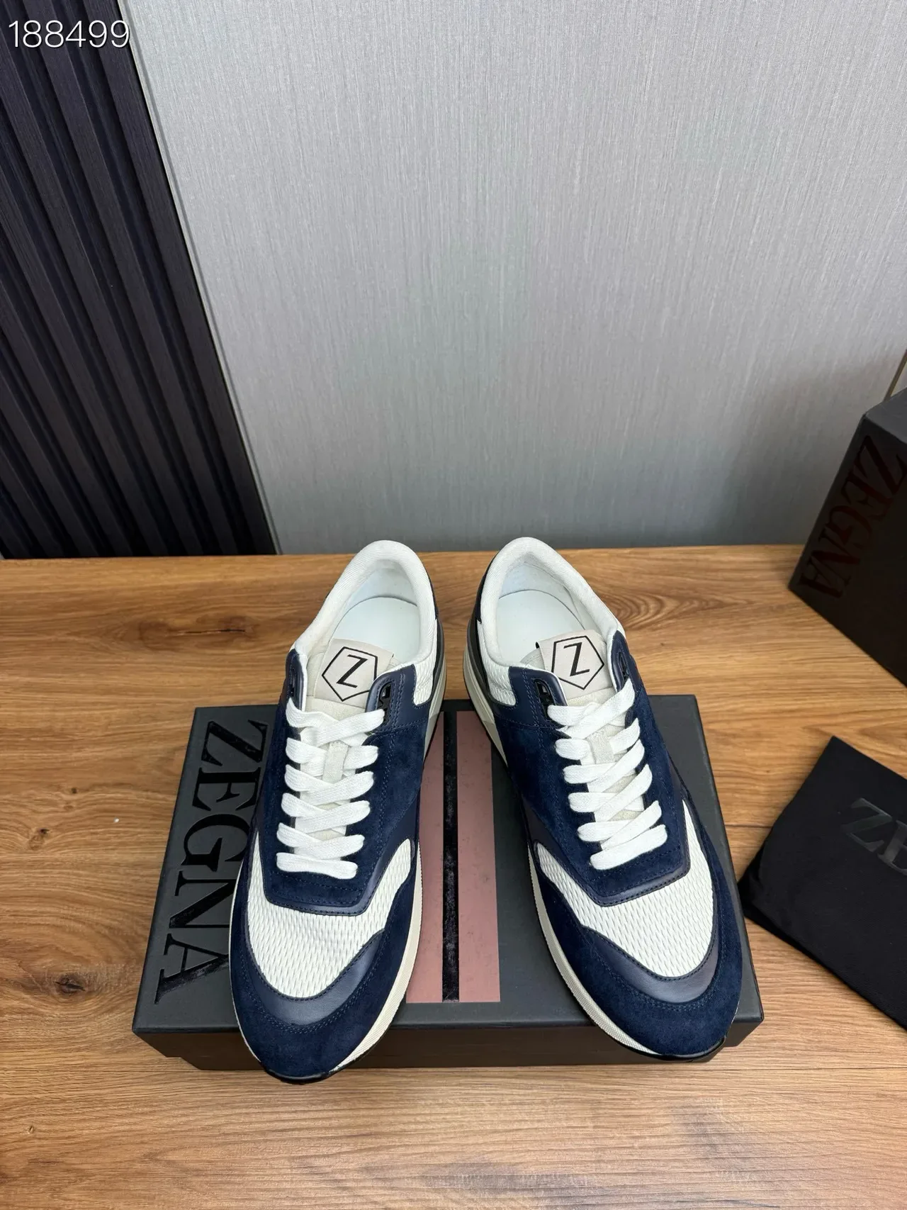 Zegna Bleu Marine Blanc Bicolore Daim Et Maille Supérieure Hybride Chaussures Lifestyle 6