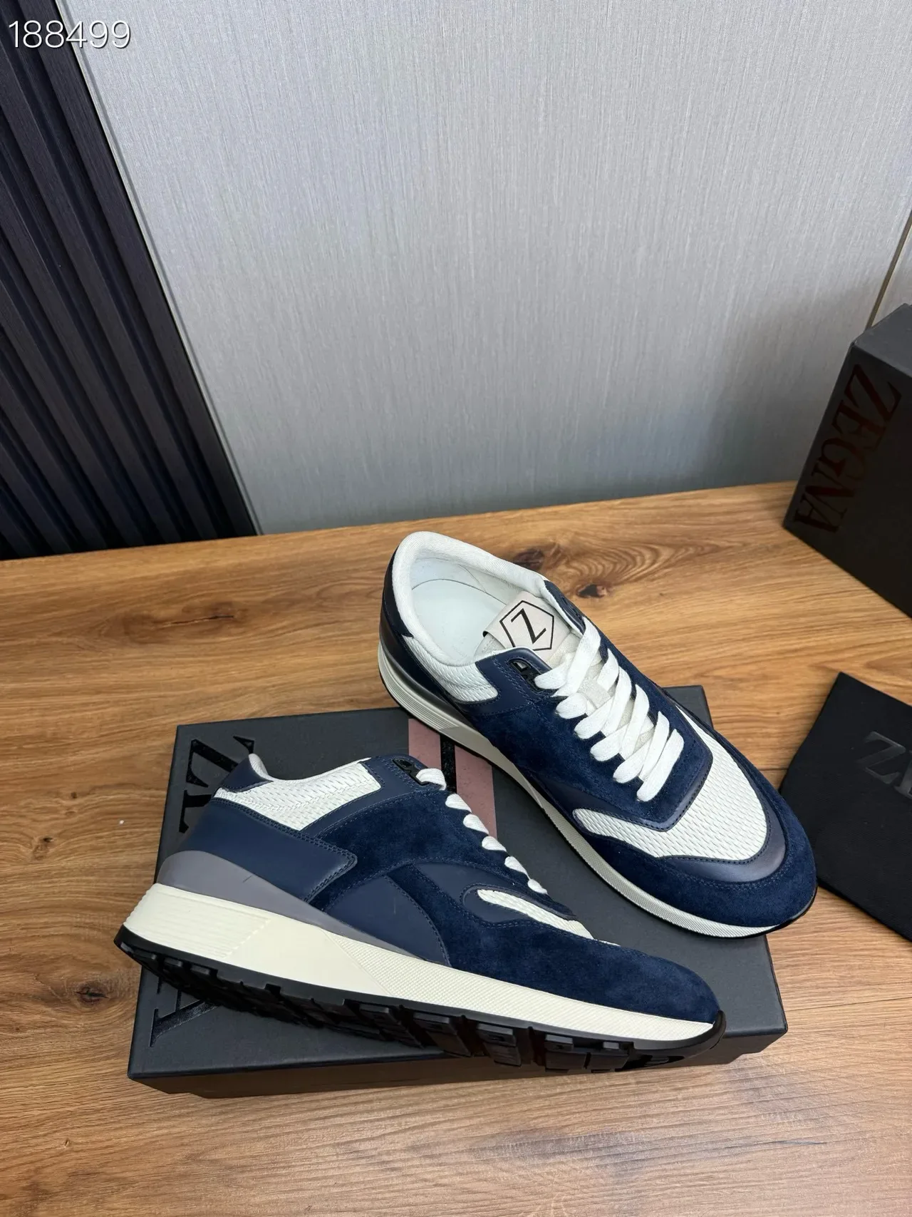 Zegna Bleu Marine Blanc Bicolore Daim Et Maille Supérieure Hybride Chaussures Lifestyle 7