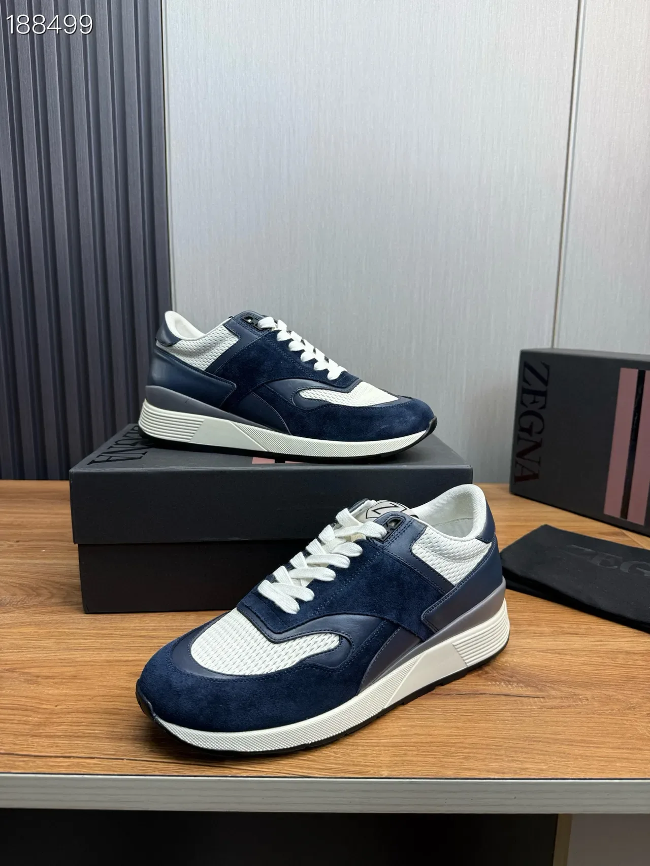 Zegna Bleu Marine Blanc Bicolore Daim Et Maille Supérieure Hybride Chaussures Lifestyle 8