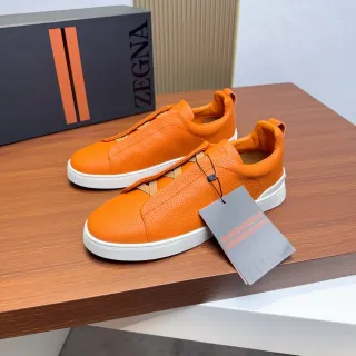 Zegna Orange Pebbled Leather Laceless Slip-On Lifestyle Sneakers