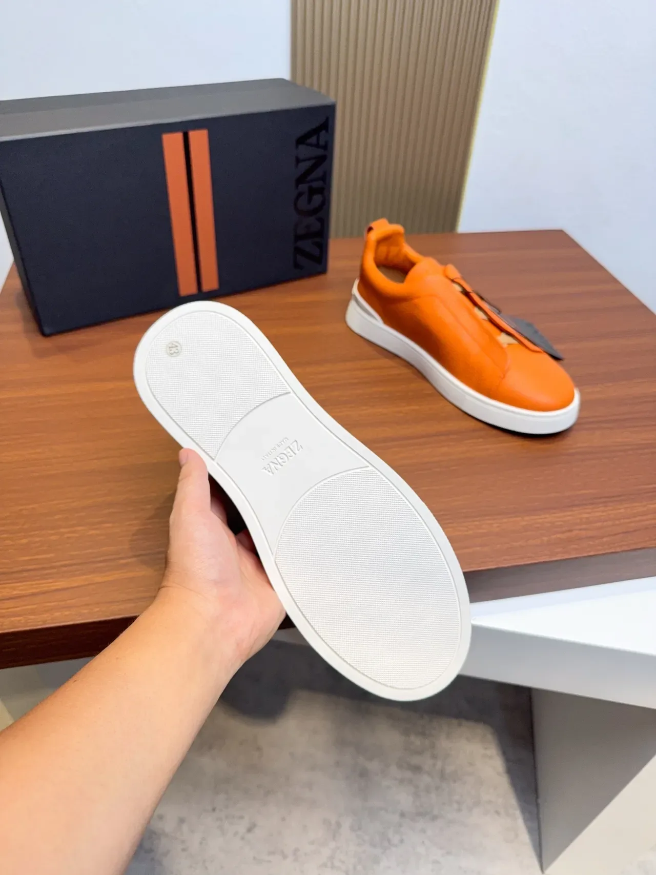 Zegna Orange Pebbled Leather Laceless Slip-On Lifestyle Sneakers 2