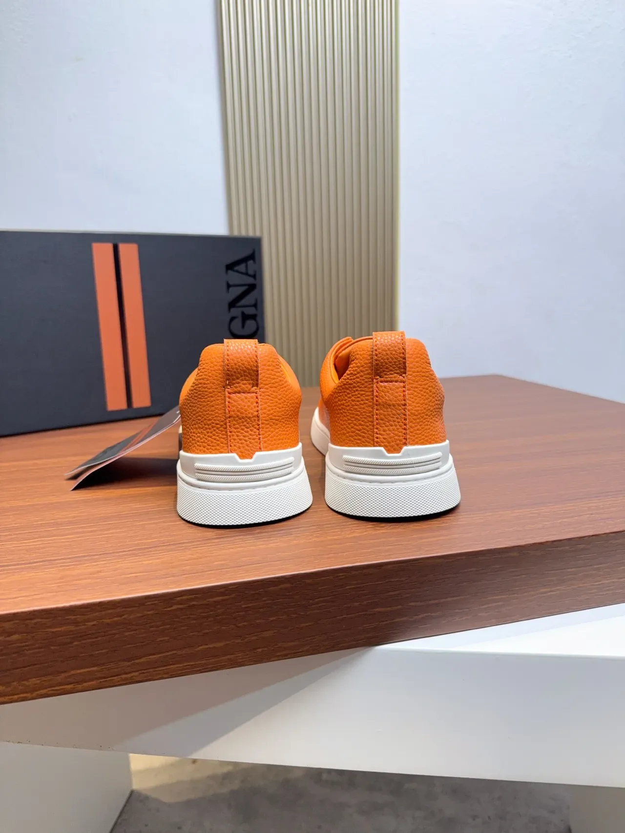 Zegna Orange Pebbled Leather Laceless Slip-On Lifestyle Sneakers 3