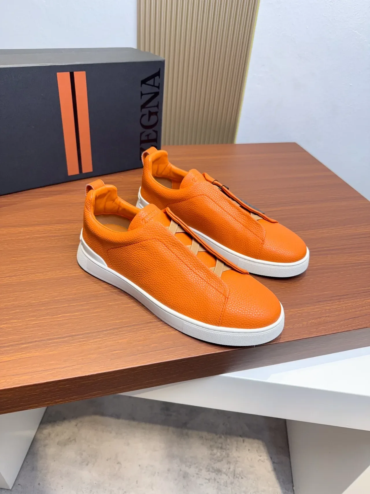 Zegna Orange Pebbled Leather Laceless Slip-On Lifestyle Sneakers 4